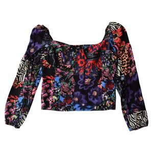 NWT Desigual Multicolor Patchwork Blouse XL Puff Sleeve Smocked Top